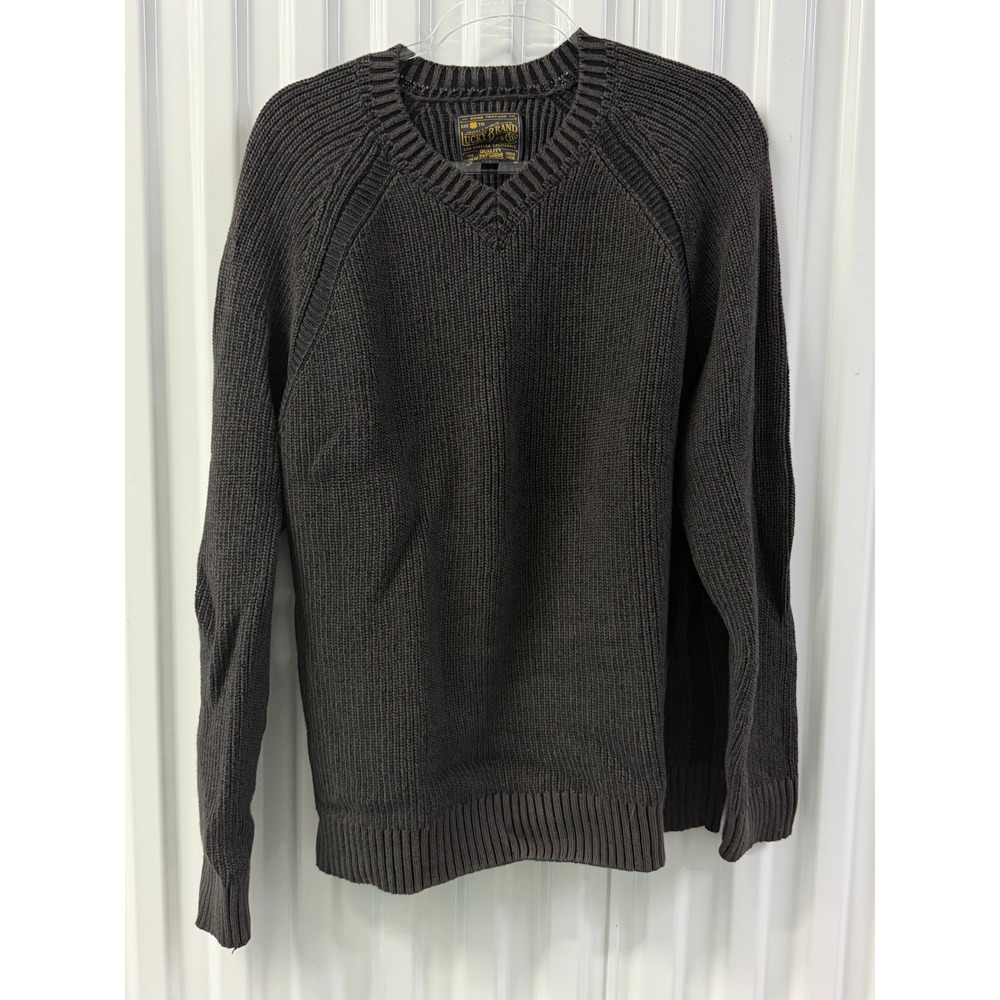 Lucky Brand V-Neck Sweater Mens L Grey Excellent Shaker Stitch Cotton Knit 1080